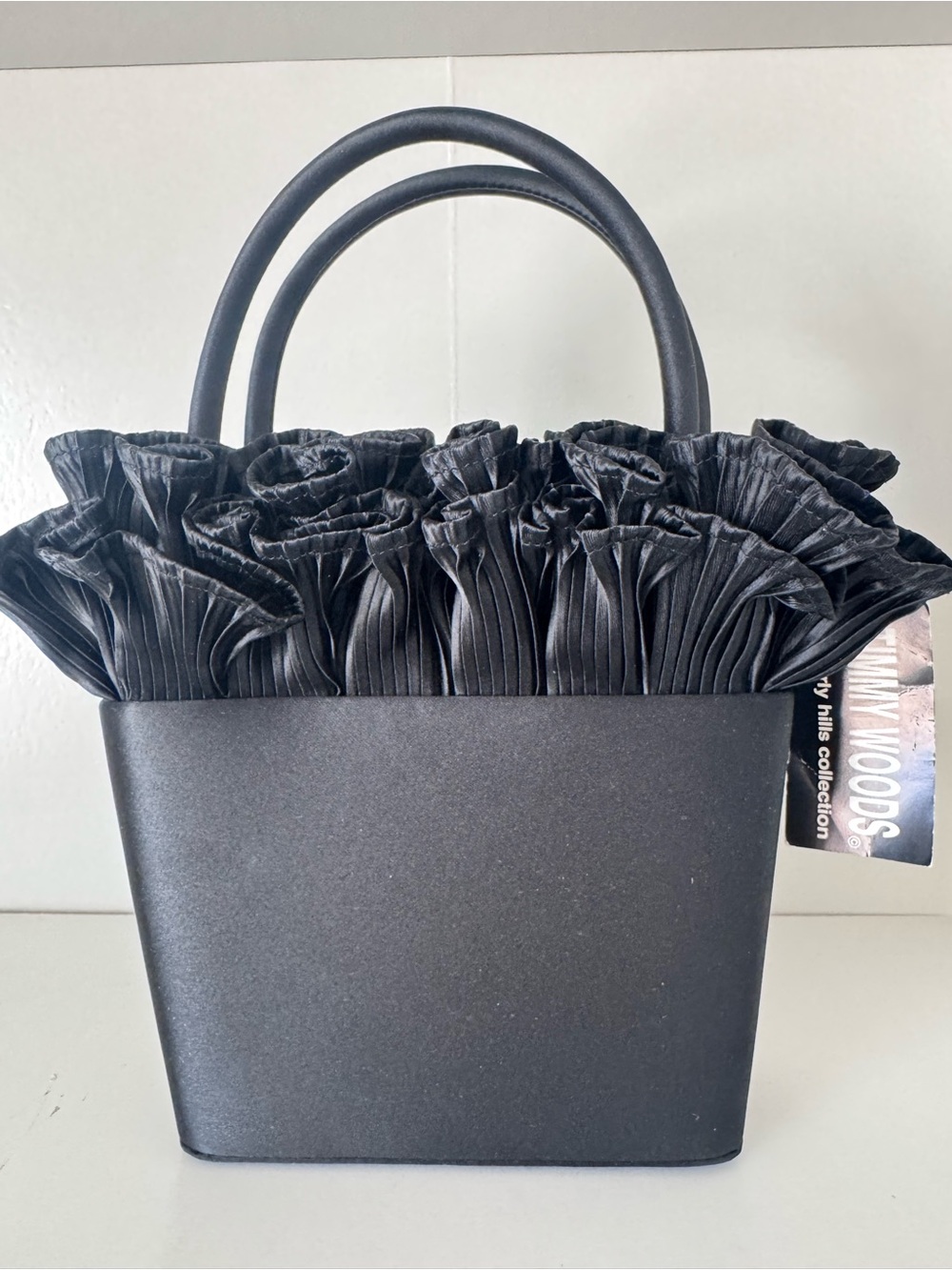 NWT Black Ruffled Satin Purse by Timmy Woods Beverly Hills Collection